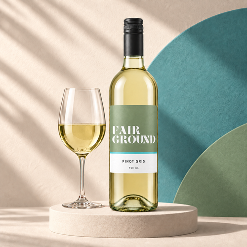 Fairground Pinot Gris bottle and a glass of white wine on a cream plinth with a teal and label-coloured backdrop