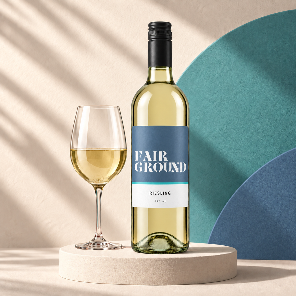 Fairground Riesling bottle and a glass of white wine on a cream plinth with a teal and label-coloured backdrop