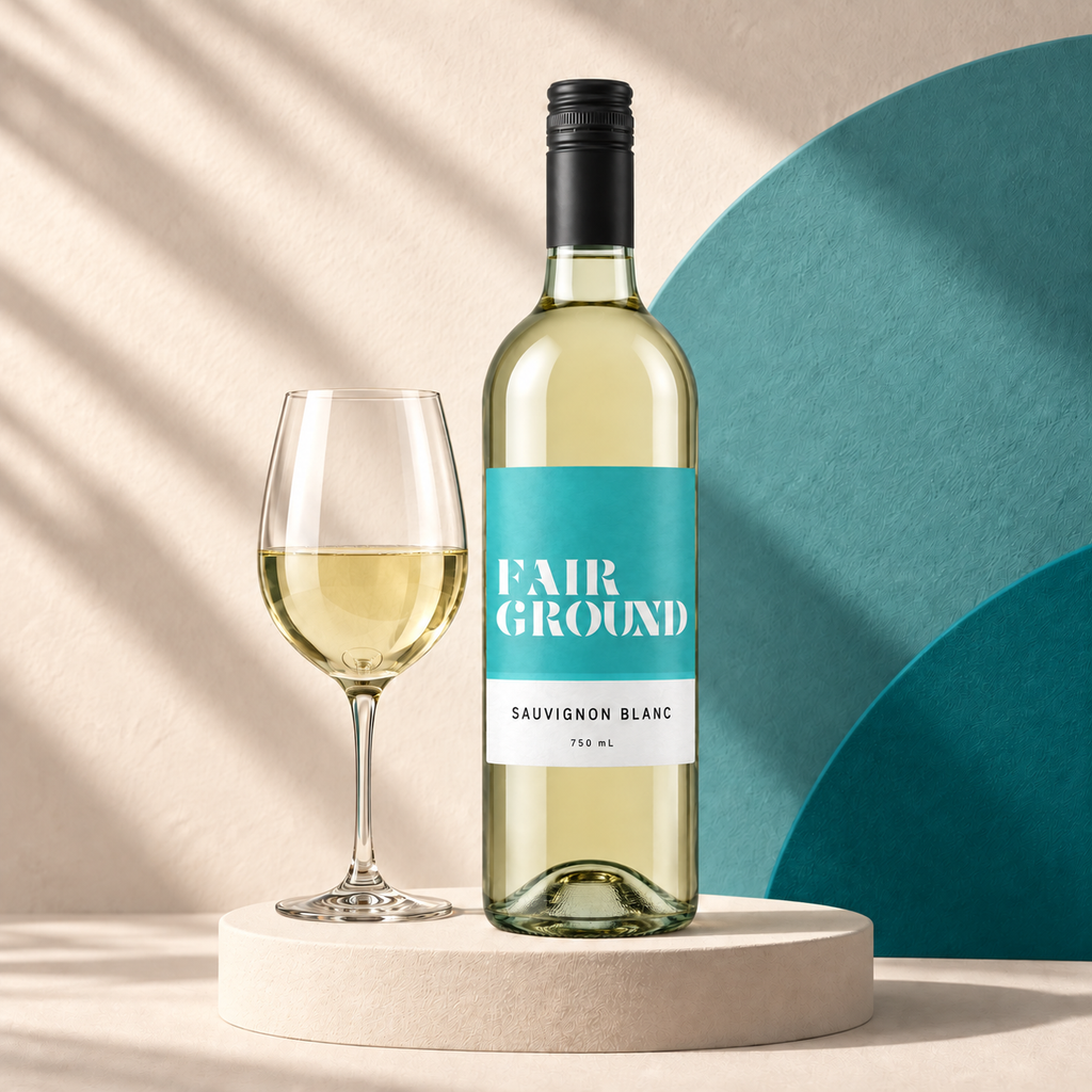 Fairground Sauvignon Blanc bottle and a glass of white wine on a cream plinth with a teal and label-coloured backdrop