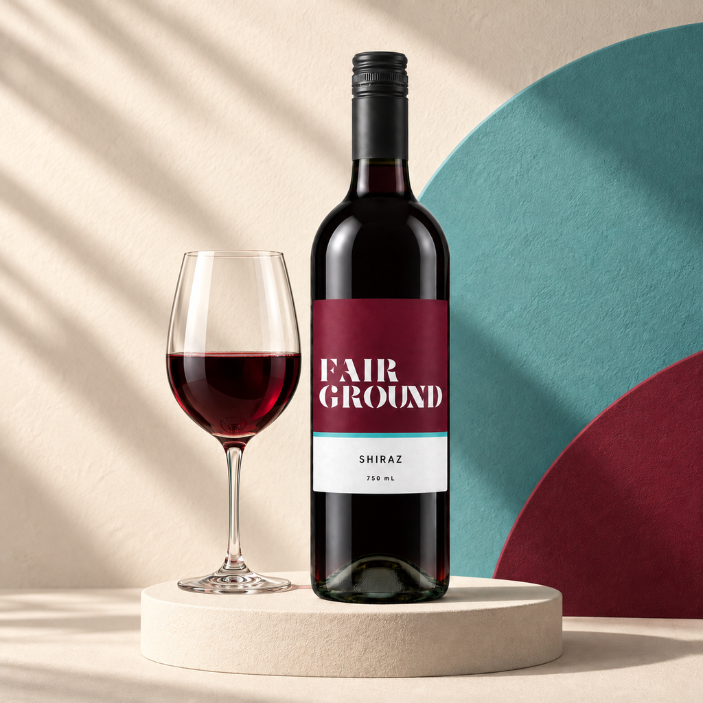 Fairground Shiraz bottle and a glass of red wine on a cream plinth with teal and burgundy backdrop