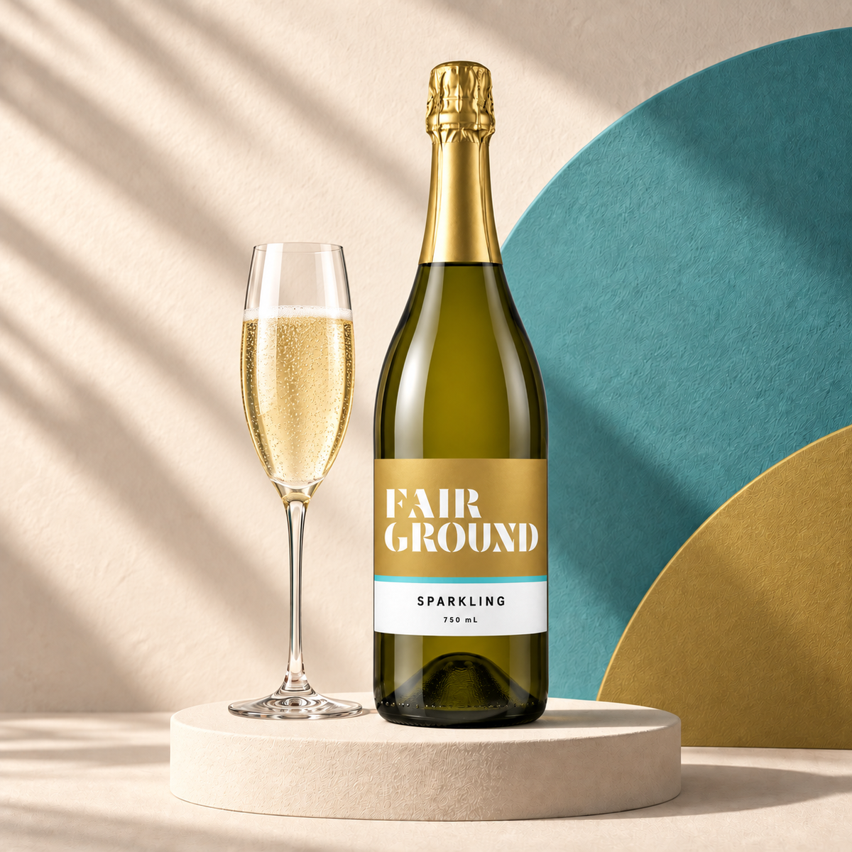 Fairground Sparkling bottle and a flute of sparkling wine on a cream plinth with a teal and label-coloured backdrop